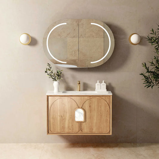 Otti Laguna Mark II 900mm Woodland Oak Wall Hung Vanity (Undermount Stone Top, Natural Carrara Marble)