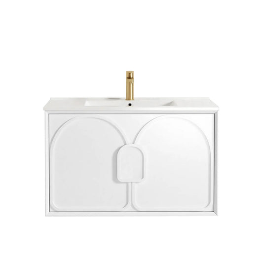 Otti Laguna Mark II 900mm Matte White Wall Hung Vanity (Slimline Ceramic Top, Gloss White, Taphole 12 O'clock)