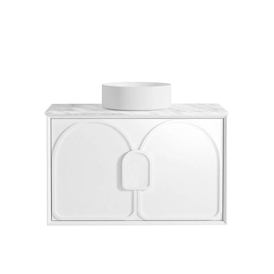 Otti Laguna Mark II 900mm Matte White Wall Hung Vanity (Natural Marble Top, Natural Carrara Marble)