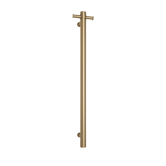 Brushed Brass Thermorail Heated Towel Rail - Round Vertical Single
