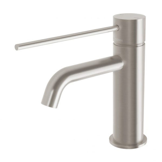Phoenix Vivid Slimline Basin Mixer Curved Outlet With Extended Lever Brushed Nickel